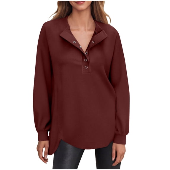 Pxiakgy Women's Snap Button Up Sweatshirt Long Sleeve Tunic Henley Tops Loose Slit Casual Pullover Fall Winter Outfits Sweatshirt Loose Slit Casual Pullover Fall Winter Outfits Wine S