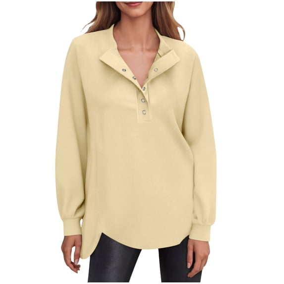 Pxiakgy Women's Snap Button Up Sweatshirt Long Sleeve Tunic Henley Tops Loose Slit Casual Pullover Fall Winter Outfits Sweatshirt Loose Slit Casual Pullover Fall Winter Outfits Beige L