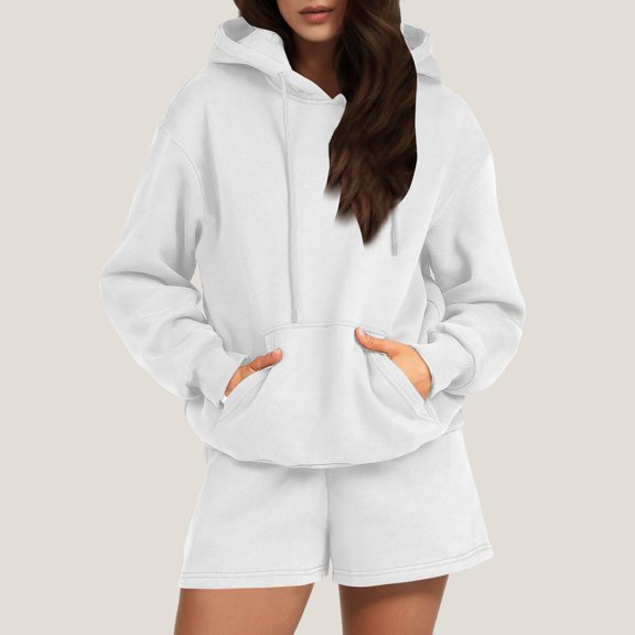 Pxiakgy Women's Solid Color Fashion Casual Long Sleeve Drawstring Pocket Hooded Sweater Shorts Set White + M