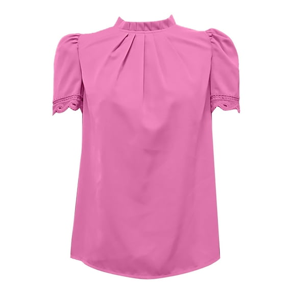 Pxiakgy Women's Summer Boho Floral Shirt Top Ruffle Mock Neck Puff Short Sleeve 2025 Casual Blouses V Neck Loose T Shirt Blouse Business Casual Work Chiffon Shirts Front Pleated Tunic Top Pink M