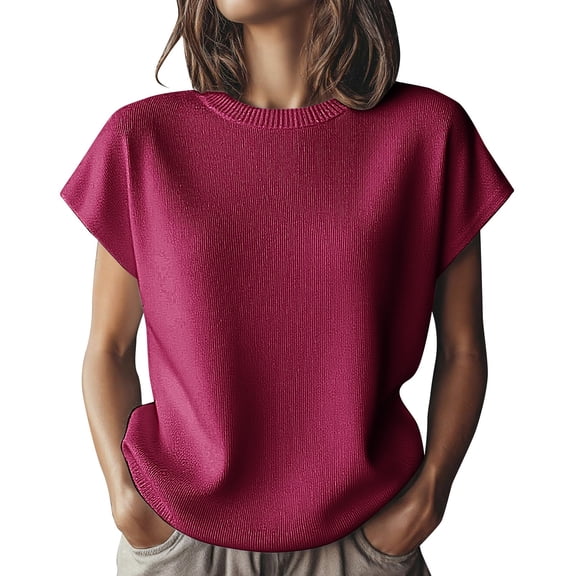 Pxiakgy Women's Summer Cap Sleeve Tops Casual Crew Neck Loose Fit Knit Lightweight Sweater Pullover Top Soft Stretchy Crew Neck Blouse Versatile T Shirt for Daily Wear Watermelon Red Xxl