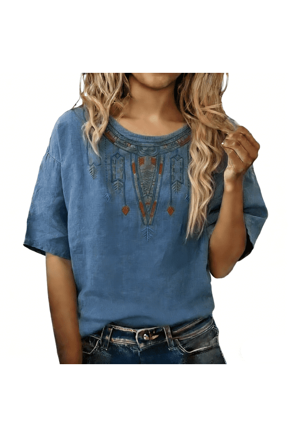 Women's Summer Flora Embroidered Tops Cotton Linen Tops Retro Embroidered Boho Tops Bohemian Tops Lightweight Lightweight Pullover shirt Elbow Sleeve Crew Neck Peasant Tops Boho Shirts