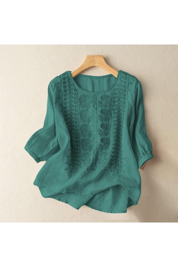 Women's Summer Flora Embroidered Tops Crew Neck 3/4 Sleeve Tunic Tops for Women Cotton Blouses Boho Loose Fit Tunic Tshirts Shirts for Women Trendy Summer Blouses for Women Casual Green M