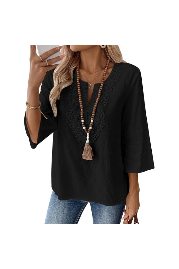 Women's Summer Flora Embroidered Tops Gauze Shirts Lightweight Pullover Shirt 3/4 Length Sleeve Womens Tops Loose Tunics Top Retro Embroidered 3/4 Sleeve Boho Tops Peasant Summer Tshirts 2XL