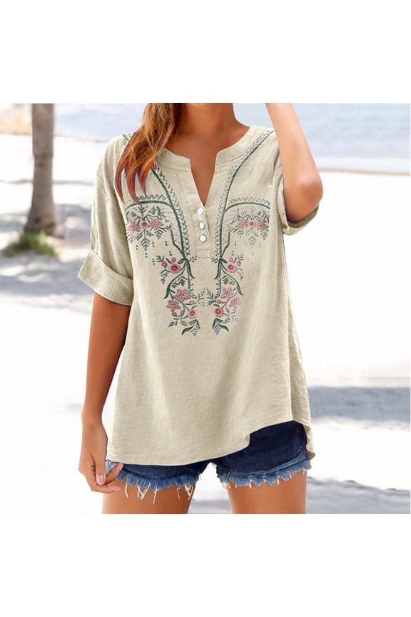 Women's Summer Flora Embroidered Tops Loose Fit Blouses Peasant Retro Embroidered 3/4 Sleeve Boho Tops 3/4 Length Sleeve Shirts Work Tees Loose Tunics Top Gauze Shirts Cotton Linen Tops XL