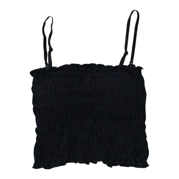 Pxiakgy Women's Summer Trendy Sleeveless Y2K Ruffle Pleated Crop Top Camisole Soft Comfy Ruched Knitted Crop Top Tube Top Square Neck Adjustable Spaghetti Strap with Built In Bras Black One Size