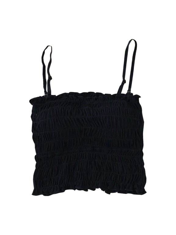 Women's Summer Trendy Sleeveless Y2K Ruffle Pleated Crop Top Camisole Soft Comfy Ruched Knitted Crop Top Tube Top Square Neck Adjustable Spaghetti Strap with Built In Bras Black One Size