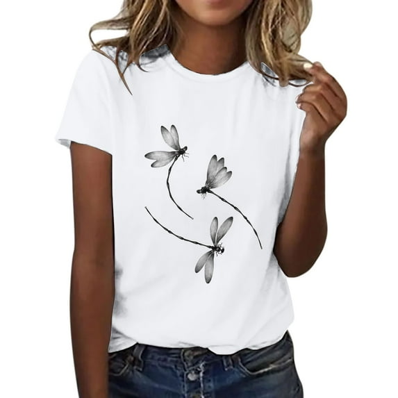 Pxiakgy Women's T-Shirts V-Neck Boho Dragonfly Print Graphic Tees Shirts Cute Casual Summer Tops Short Sleeve T Shirt Round Neck T Shirt Fashion Top Lightweight Soft Summer Clothing White Xxl