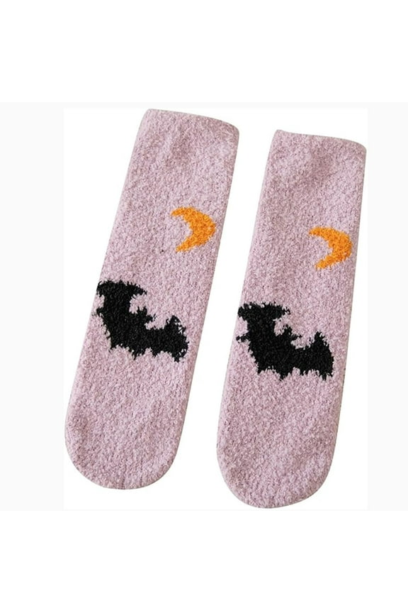 Women's Warm Super Soft Winter Fluffy Halloween Pumpkin Bat Crew Socks Plush Slipper Sock Casual Home Sleeping Fuzzy Cozy Sock Pumpkin Bat Cute Printed Halloween Socks Pink One Size