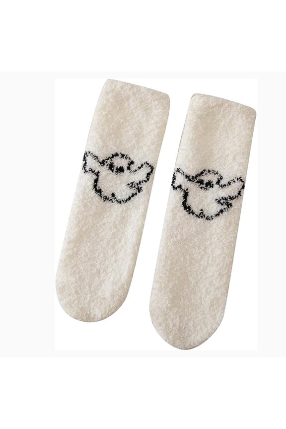 FUNUONY Women's Warm Super Soft Winter Fluffy Halloween Pumpkin Bat Crew Socks Plush Slipper Sock Casual Home Sleeping Fuzzy Cozy Sock Pumpkin Bat Cute Printed Halloween Socks White One Size