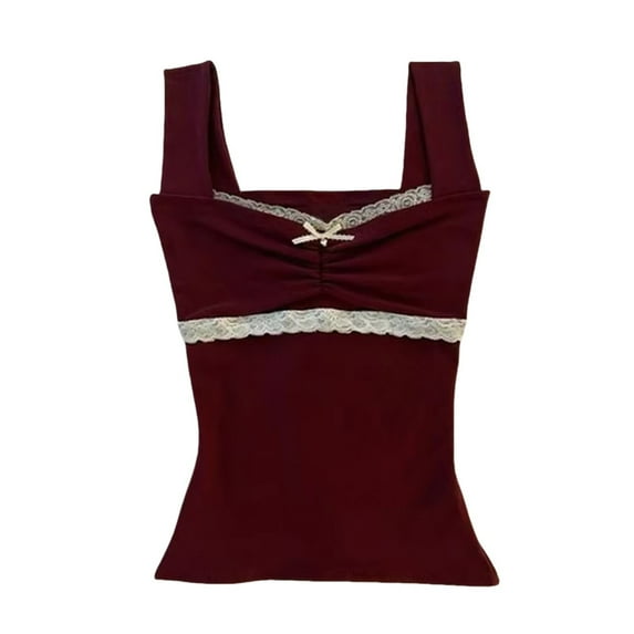 Pxiakgy Women's Y2K Tank Tops Vintage Aesthetic Lace Trim Cami Shirt Cropped Camisole Sleeveless Tank Top for Streetwear Slim Fit Knit Ribbed Coquette Clothes Y2K Going Out Night Out Vest Tops Red L