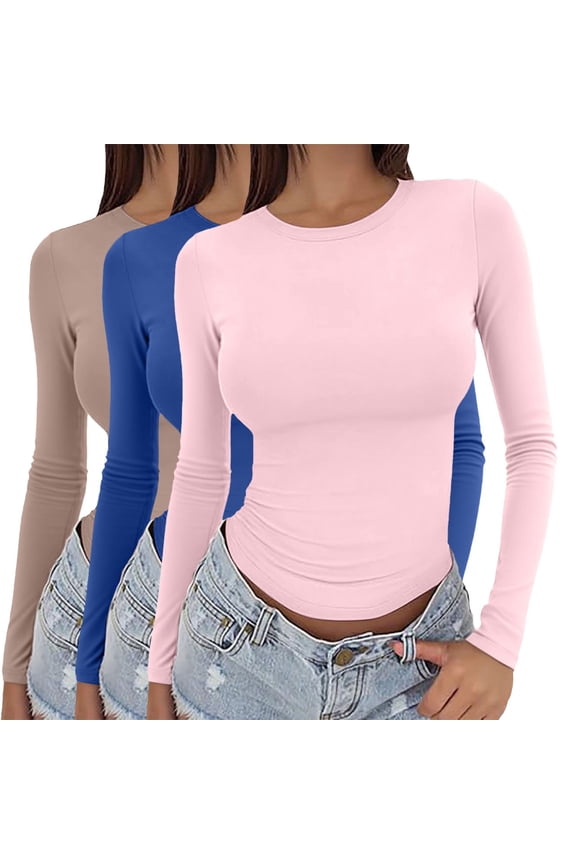 Womens Basic T-Shirts Going Out Crop Tops 3 Pieces Slim Tee Round Neck Dupe Crop Layering Slim Top Blouse Aesthetic Streetwear Tight Slim Fit Cute Teen Girls Long Sleeve Y2K Clothes J S