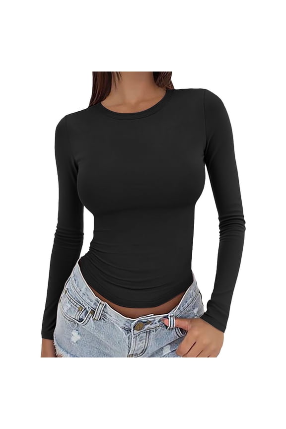 Womens Basic T-Shirts Going Out Crop Tops Long Sleeved Round Neck Slim Bottom Sweater Basic Clothing Outdoor Wear Sports Top Tight Slim Fit Cute Teen Girls Long Sleeve Y2K Clothes Black M