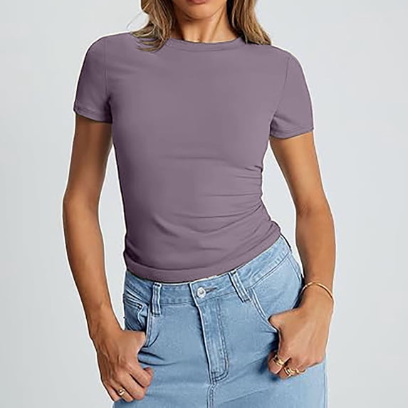 Pxiakgy Womens Basic T Shirts Summer Tops 2025 Crop Short Sleeve Slim Fit Tee Cute Gym Workout Clothes Cami Tee Stretchy Ribbed Basic Tee Y2K Tops for Women Womens Tank Tops Summer A L