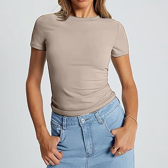 Pxiakgy Womens Basic T Shirts Summer Tops 2025 Crop Short Sleeve Slim Fit Tee Cute Gym Workout Clothes Cami Tee Stretchy Ribbed Basic Tee Y2K Tops for Women Womens Tank Tops Summer J L
