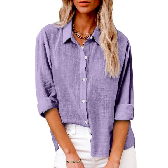 Pxiakgy Womens Button Down Shirt Linen Button Up Shirts for Women Long Sleeve Summer Shirt Collared Blouse Linen Tops Solid Color Stand Up Collar Cotton and Line Long Sleeved Shirt Blouse Purple 3Xl