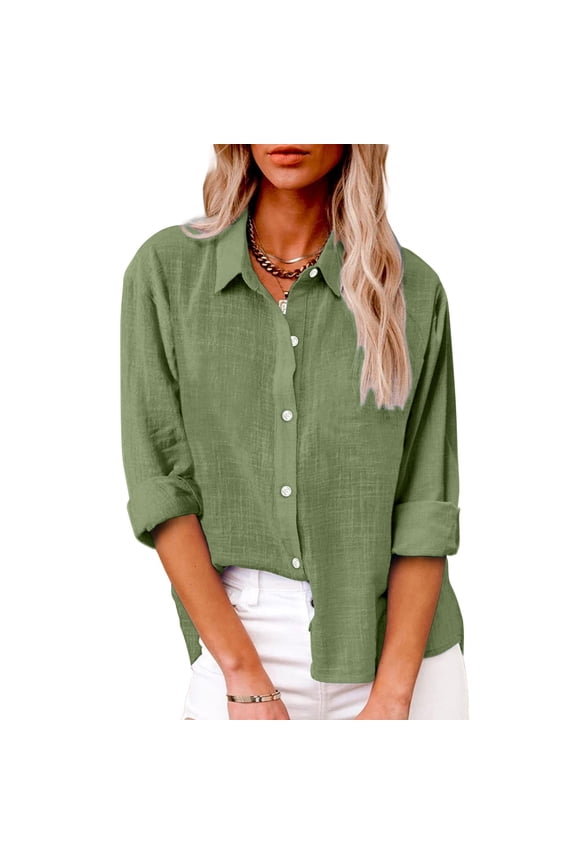 Womens Button Down Shirt Linen Button Up Shirts for Women Long Sleeve Summer Shirt Collared Blouse Linen Tops Stand Up Collar Cotton and Line Long Sleeved Shirt Blouse Army Green L