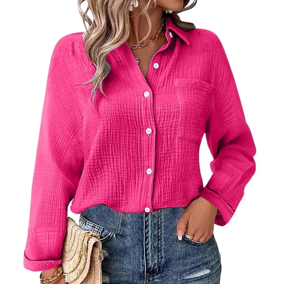 Pxiakgy Womens Button Down Shirts Cotton Dress Shirt Long Sleeve Oversized Boyfriend Solid Tunic Tops with Pockets Gauze Tops for Women Loose Fit Button Down Shirts for Women Hot Pink Xxl