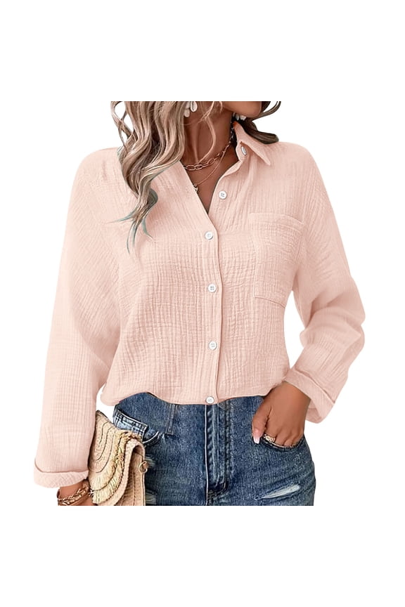 Womens Button Down Shirts Cotton Dress Shirt Long Sleeve Oversized Boyfriend Solid Tunic Tops with Pockets Gauze Tops for Women Loose Fit Button Down Shirts for Women Pink Xxl