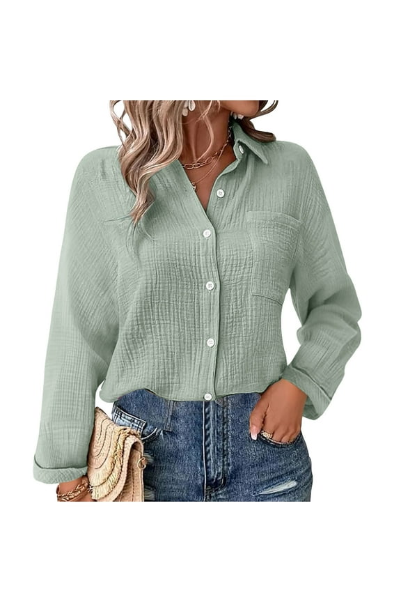 Womens Button Down Shirts Cotton Dress Shirt Long Sleeve Oversized Boyfriend Solid Tunic Tops with Pockets Gauze Tops for Women Loose Fit Button Down Shirts for Women Green Xl