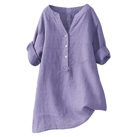 Pxiakgy Womens Button Down Shirts Long Sleeve Cotton Linen Gauze Tops Casual Collared Blouses Loose Fit Loose Shirt Top Stand Solid Color Sleeve Collar Casual Women's Shirt Women's Shirt Purple L