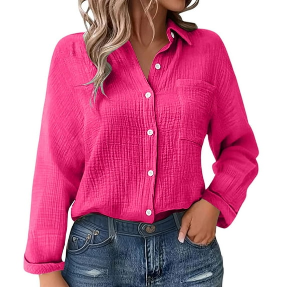 Pxiakgy Womens Button Down Shirts Long Sleeve Cotton Linen Gauze Tops Casual Collared Blouses Loose Fit Spring Summer Solid Color Cotton Linen Pleated Belt Pocket Loose Long Sleeved Shirt Hot Pink 5Xl