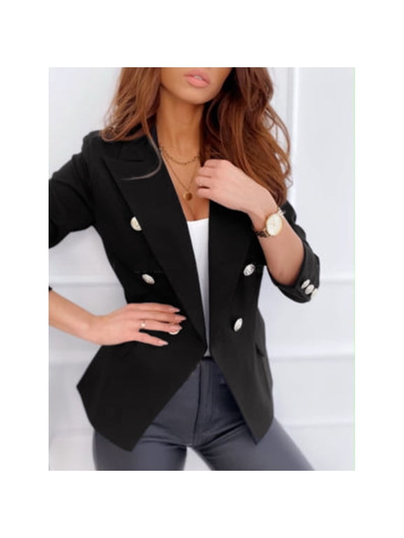 Womens Casual Long Sleeve Blazers Double Breasted Open Front Blazer Solid Color Notch Lapel Suit Work Office Jackets Coat Suit Satin Formal Work Cardigan Jacket Silk Size Plus Pockets