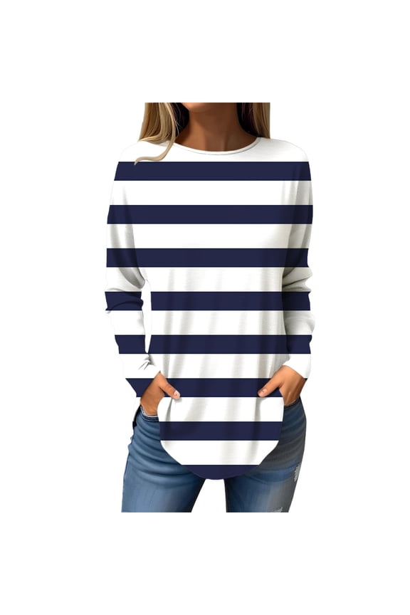 Womens Cute Striped Tunic Shirts Long Sleeve Crewneck Shirt High Low Side Split Hem Loose Oversized Tees 2025 Popular Printed Loose Daily Round Neck Long Sleeved T Shirt Navy 3Xl