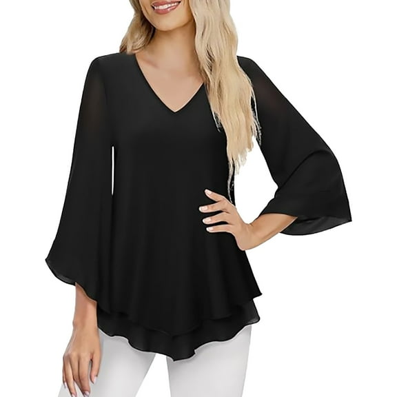 Pxiakgy Womens Dressy Blouse V Neck Double Layers Mesh Casual Flowy Work Shirts Ruffle 3/4 Flared Sleeve Tunic Tops Women's Double Pleated Three Quarter Bell Sleeve Tunic Top Chiffon Blouse Black L