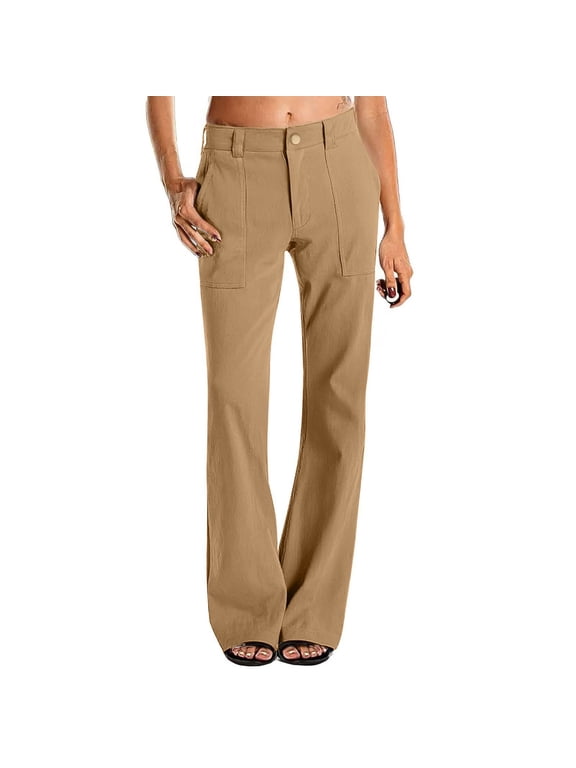 Womens Dressy Casual High Waisted Chino Pants Button Down Bootcut Straight Leg Work Trousers with Pockets Womens Twill Pants Chino Pants Button Down Straight Leg Work Trousers with A S