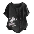 thumbnail image 1 of Pxiakgy Womens Embroidered Tops Casual Summer Boho T Shirts Women's Casual Loose Cotton and Linen T Shirt Cotton and Linen Top Loose Fit Short Sleeve Floral Blouses Linen Tops for Women Black 3Xl, 1 of 8
