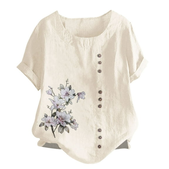 Pxiakgy Womens Embroidered Tops Casual Summer Boho T Shirts Women's Casual Loose Cotton and Linen T Shirt Cotton and Linen Top Loose Fit Short Sleeve Floral Blouses Linen Tops for Women Beige S