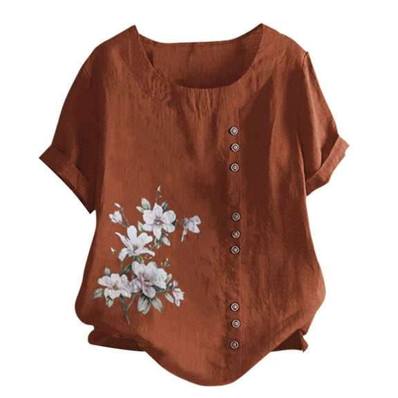Pxiakgy Womens Embroidered Tops Casual Summer Boho T Shirts Women's Casual Loose Cotton and Linen T Shirt Cotton and Linen Top Loose Fit Short Sleeve Floral Blouses Linen Tops for Women Brown 4Xl
