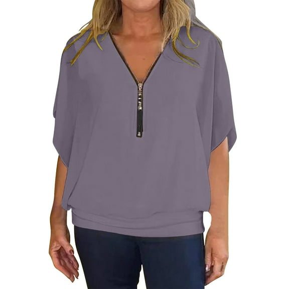 Pxiakgy Womens Half Zip V Neck Shirt Summer Half Sleeve Shirts Casual Loose Top Blouses T Shirts Women's Chiffon Zipper Neck Casual Top Style Bat Sleeve Loose Casual T Shirt Grey S