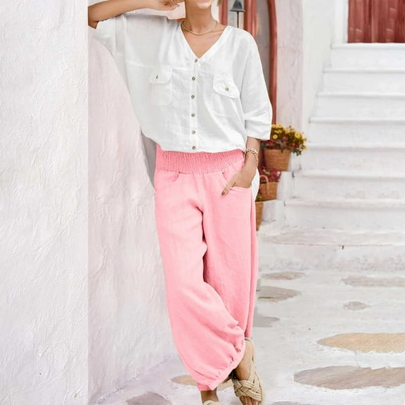 Pxiakgy Womens Linen Wide Leg Pants Summer Beach Palazzo Harem Pants Casual Ankle Length Trouser Slacks With Pockets Linen Pants Women Linen Summer Pants Lightweight Fabric Pants for Women Casual Pan