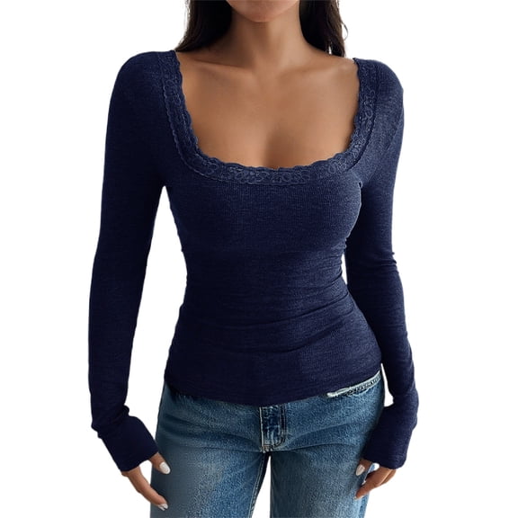 Pxiakgy Womens Long Sleeve Shirts Square Neck Tops Lace Trim Basic Teen Girls Y2K Crop Tops Fall Outfits Fashion Clothes 2025 Lace Trimmed Open Collar Slim Fit Base Shirt Top Navy L
