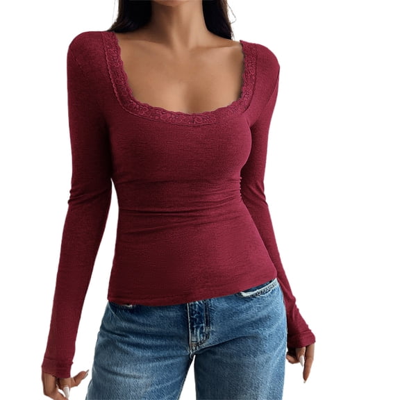 Pxiakgy Womens Long Sleeve Shirts Square Neck Tops Lace Trim Basic Teen Girls Y2K Crop Tops Fall Outfits Fashion Clothes 2025 Lace Trimmed Open Collar Slim Fit Base Shirt Top Wine Xxl