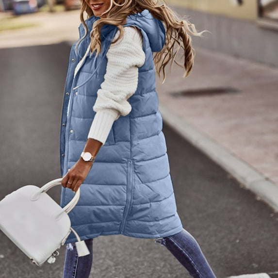 Pxiakgy Womens Long Winter Coat Vest With Hood Sleeveless Warm Down Loose Coat With Pockets Quilted Vest Down Jacket Quilted Outdoor Jacket Coat Blue L