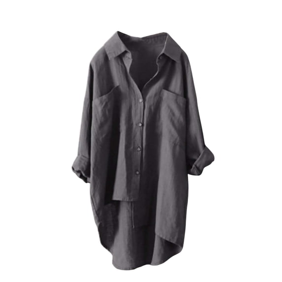 Pxiakgy Womens Oversized Button Down Shirts Flower Pattern Printed Lapel Neck Cotton Linen Shirt Casual Loose Long Sleeve Solid Lapel Long Blouses Tops with Pockets High Low Button Up Shirts Grey 3Xl