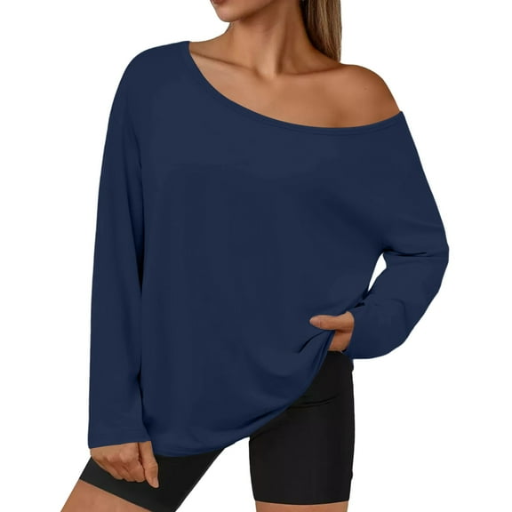 Pxiakgy Womens Oversized Off The Shoulder Tshirts Summer Casual Long Sleeve Tunic Tops Boat Neck Loose Fit Flowy Sweatshirt Casual and Fashionable Slanted Neck Top Knitted Long Shirt Dark Blue L