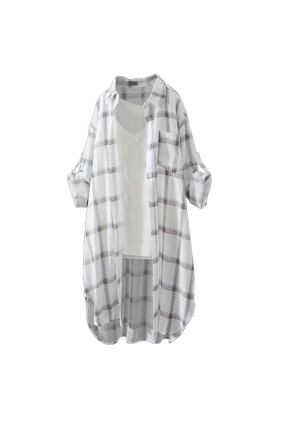 Womens Plus Size Lightweight Plaid Shirts Long Sleeve Lounge Lapel Boyfriend Button Down Tartan Long Jacket Coats Long Sleeved Printed Solid Color 2024V Neck Loose Sports Basic Shirt Blue S