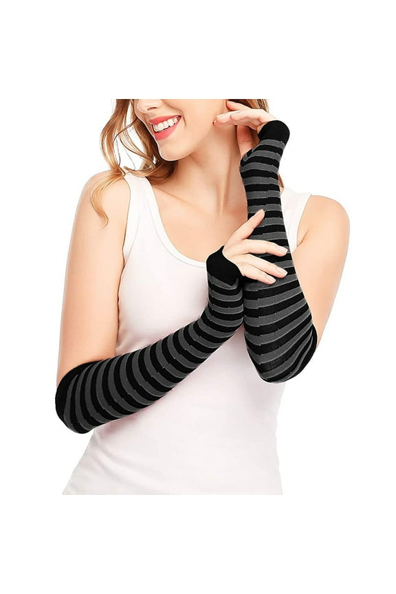 Womens Punk Gothic Long Arm Warmers Striped Fingerless Gloves Winter Knitted Stretchy Mittens Thumb Hole Wrist Warmer Fingerless Gloves Long Warmer Punk Arm Gothic Gloves Grey One Size