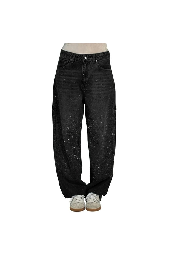 Womens Rhinestone Straight Wide Leg Jeans Loose Harem Jeans Baggy Jeans High Waisted Washed Distressed Vintage Wash Sparkling Baggy Denim Pants for Party Music Festival Black M