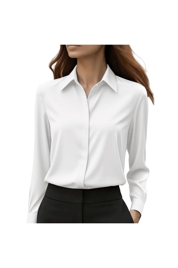 Womens Satin Button Down Shirts Long Sleeve Dress Shirts Silk Work Blouses for Women Dressy Casual Tunic Tops Wrinkle Resistance Dress Shirts Work Formal Blouses Tops White S