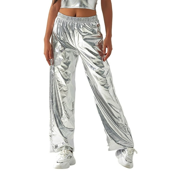 Pxiakgy Womens Shiny Metallic High Waist Stretchy Jogger Pants Holographic Hip Hop Club Wear Streetwear Metallic Shiny Trousers Elastic Waistband Loose Casual Long Trousers Plain Look Silver M