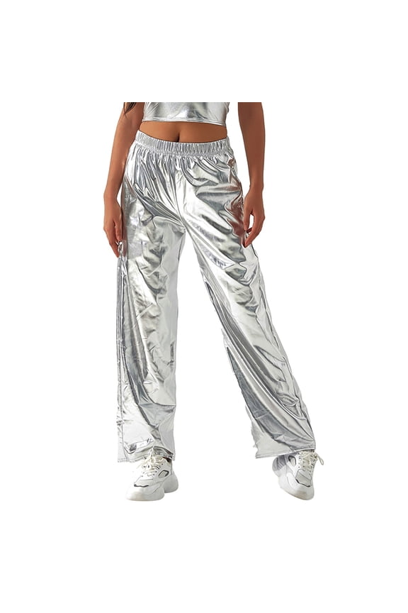 Womens Shiny Metallic High Waist Stretchy Jogger Pants Holographic Hip Hop Club Wear Streetwear Metallic Shiny Trousers Elastic Waistband Loose Casual Long Trousers Plain Look Silver L