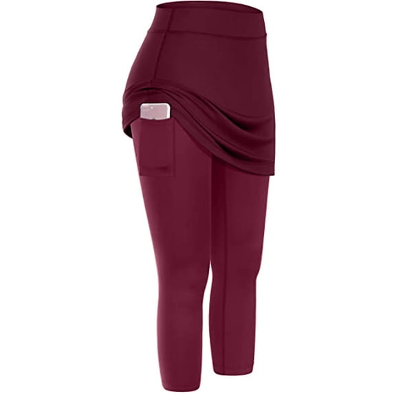 HOT SALE!!Yoga Pants Women 2025 New Womens Skirted Leggings with Tummy Control High Waist Athletic Workout Yoga Pants Fitness Tennis Skirt Sport Tights Slim Fit Capri Trousers Wine Xl