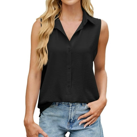 Pxiakgy Womens Sleeveless Button Down Shirt V Neck Casual Classic Collared Blouses Solid Basic Summer Work Office Tank Top Casual Sleeveless Tops V Neck Vest Summer Fashion Casual Top Black L