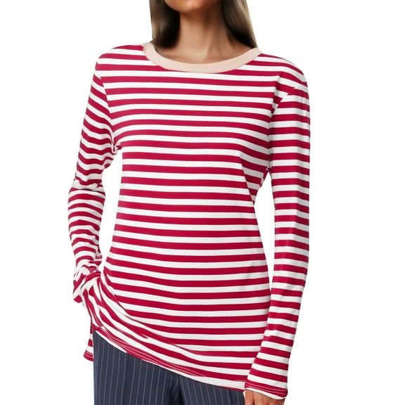 Pxiakgy Womens Striped Shirt Long Sleeve Tops T Shirts Long Sleeve Crew Neck Shirts Basic Tee Sort Comfy Printed Tops Blouse Trendy Crew Neck Going Out Tops Loose Fit Casual Shirts Red Xl
