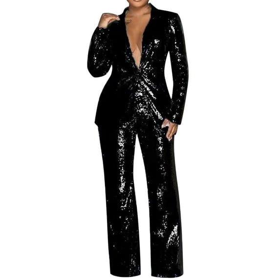 Pxiakgy Womens Suits Set Sequin 2 Piece Pants Set Slim Fit Formal Suits One Button Pants Prom Party Outfit Black + L